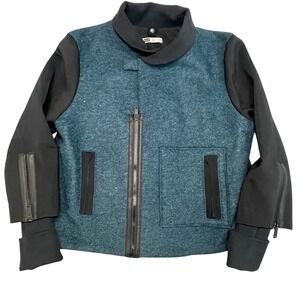 WORK OUT LIFE Teal Speckled Wool moto Jacket Black Contrast Trim Zip Size M
